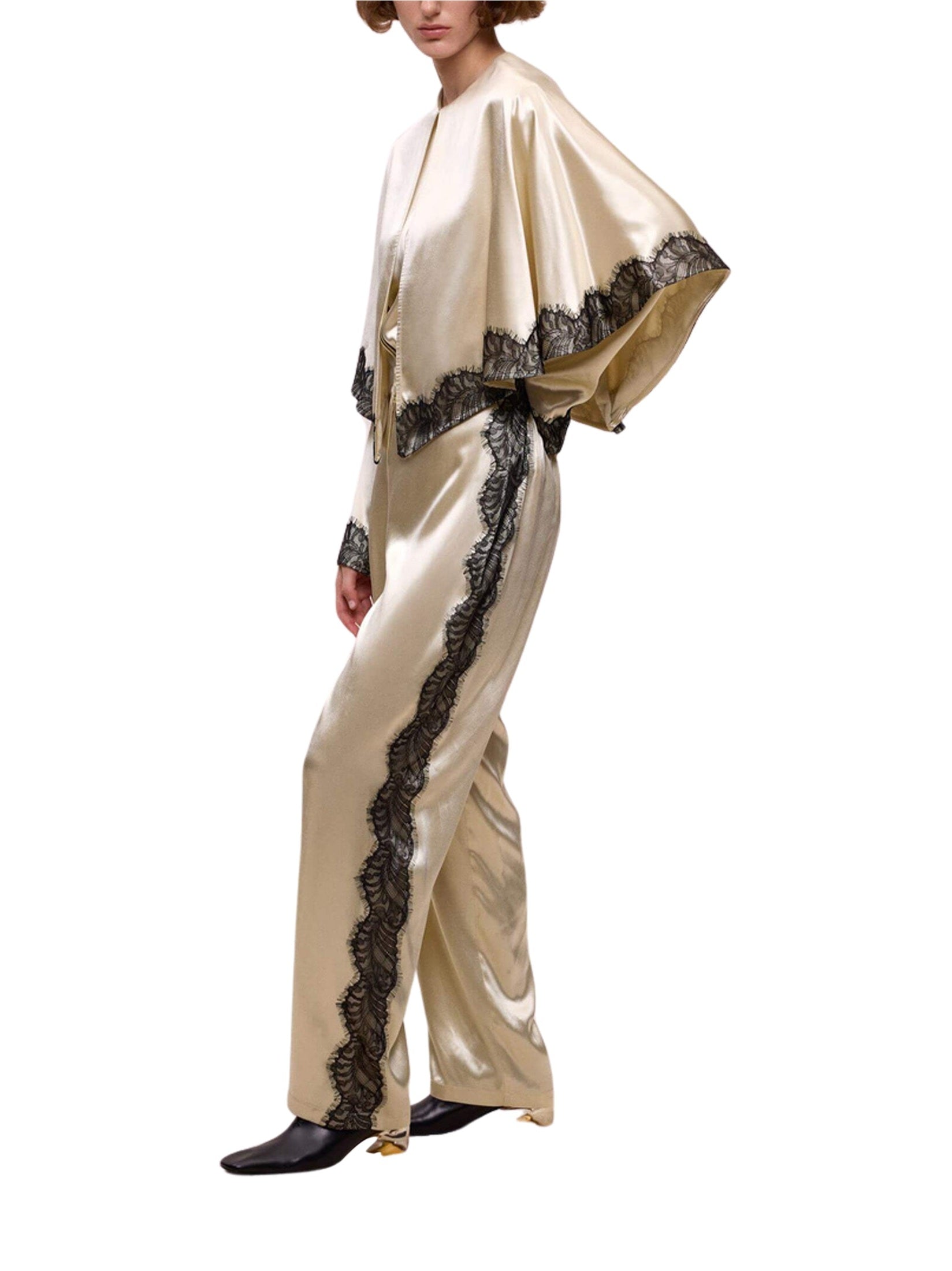 Lace-striped beige trousers