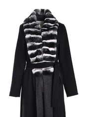 REVERSIBLE LONG DPUBLE FACE COAT ABAYA WITH REX FUR ON COLLAR