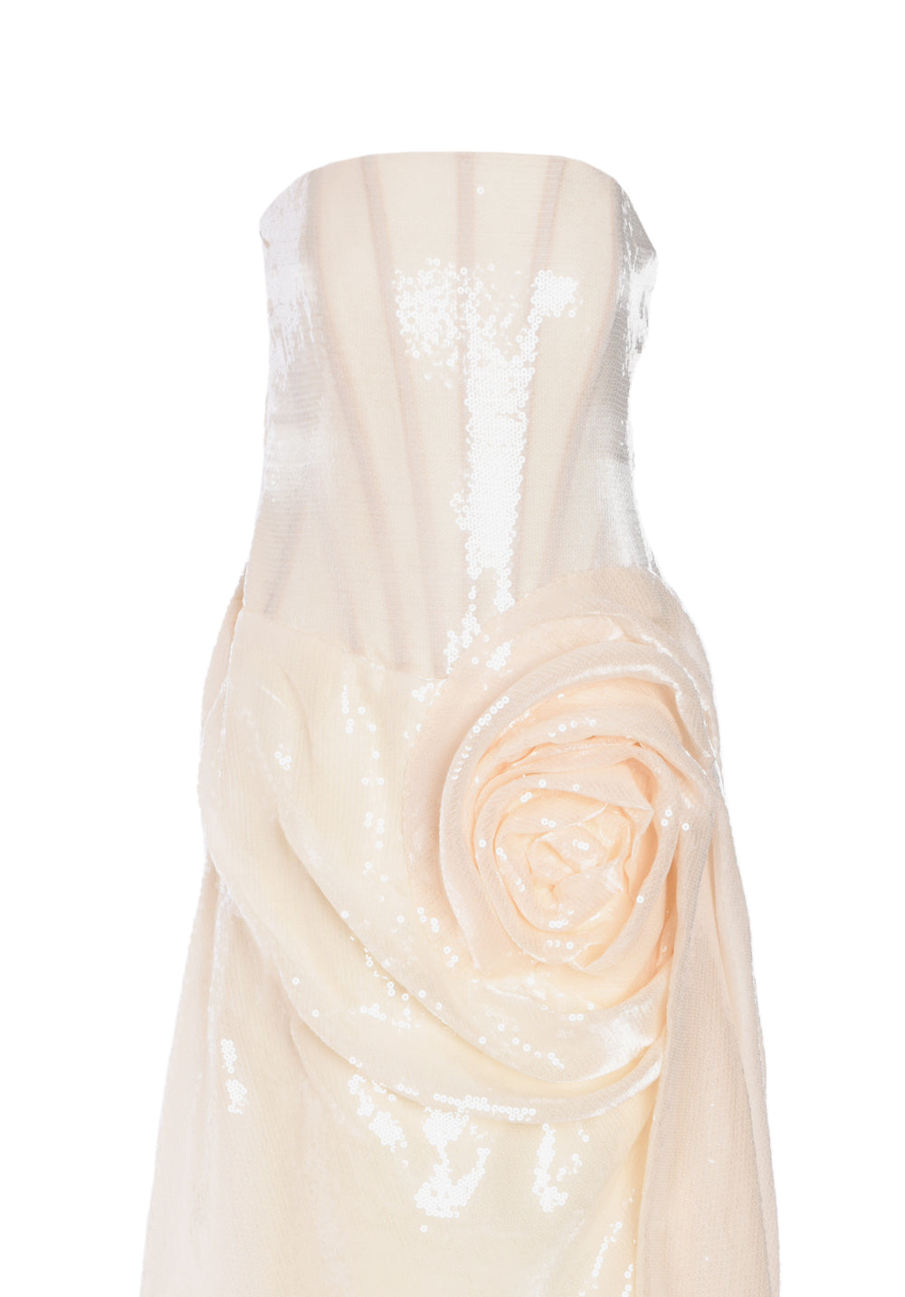 IVORY WHITE SEQUINED CORSET DRESS WITH FLOWER DETAILING