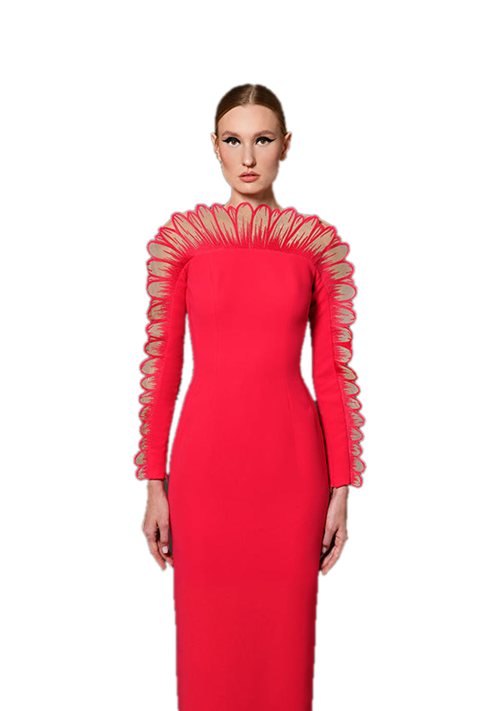 RED CRÊPE DRESS WITH THREAD EMBROIDERED DAISY PETALS FROM NECKLINE TO SLEEVES