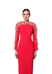 RED CRÊPE DRESS WITH THREAD EMBROIDERED DAISY PETALS FROM NECKLINE TO SLEEVES