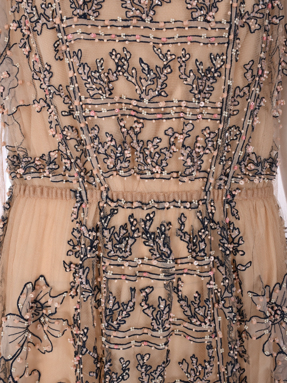 Grisha embroidered and beaded tulle long dress with pussy cat bow