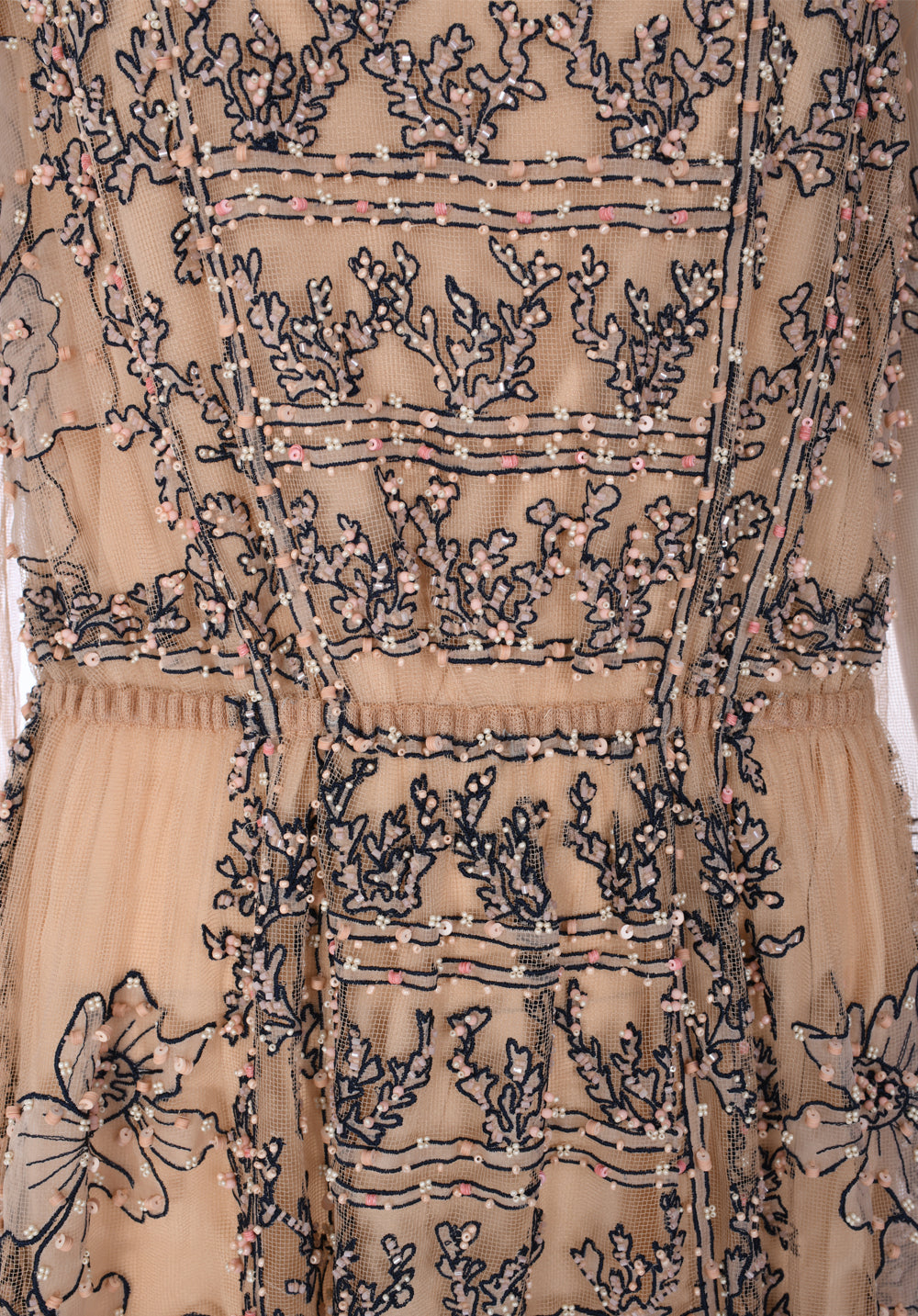 GRISHA EMBROIDERED AND BEADED TULLE LONG DRESS WITH PUSSY CAT BOW