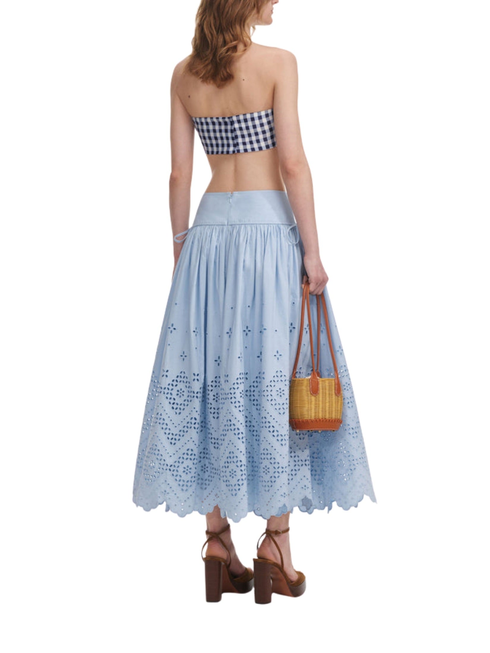 Blue cotton broderie midi skirt