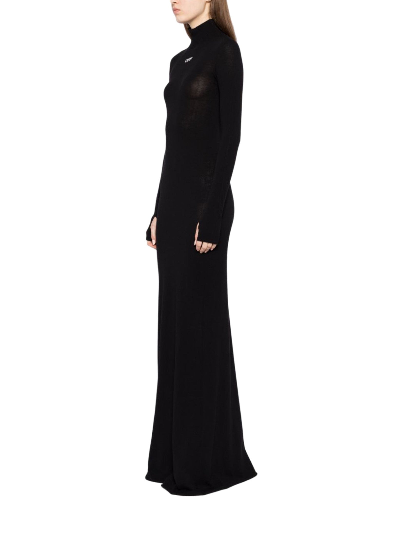 Off stamp slick long dress black white