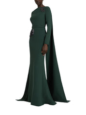 LONG SLEEVE FLOOR LENGTH GOWN WITH SPLIT CAPE