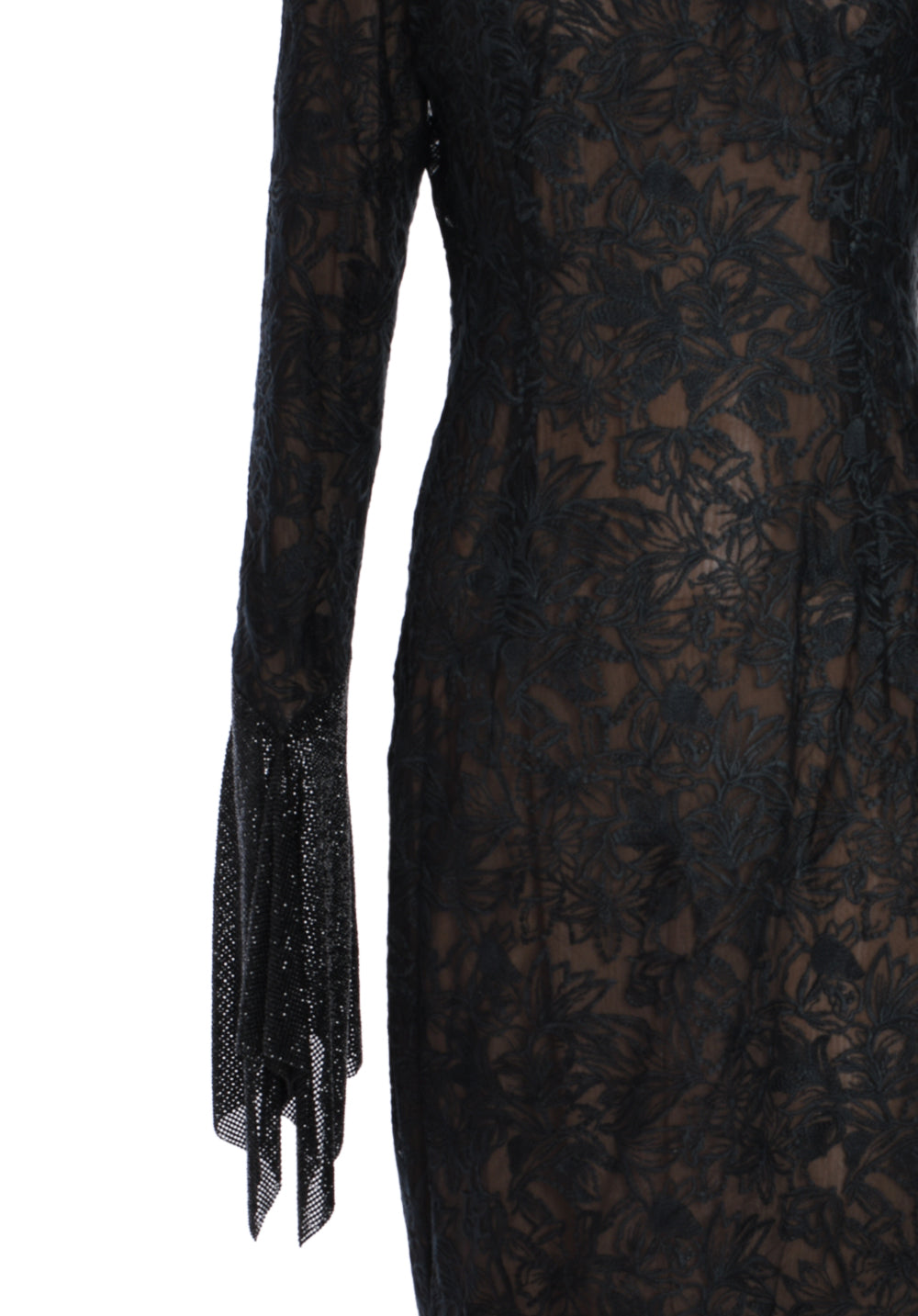 BLACK LACE DRESS ADORNED WITH CAPTIVATING BLACK CRYSTAL CHAINMAIL SLEEVES