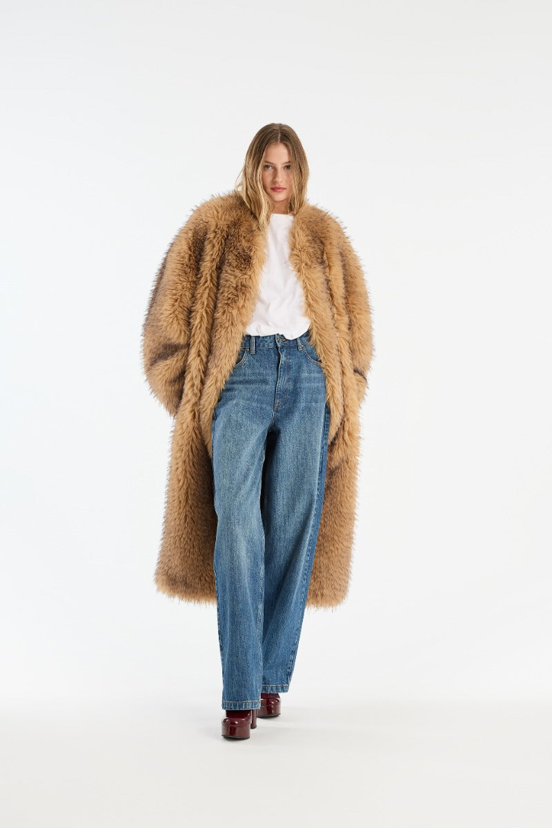 Faux Fur Long Coat Beige