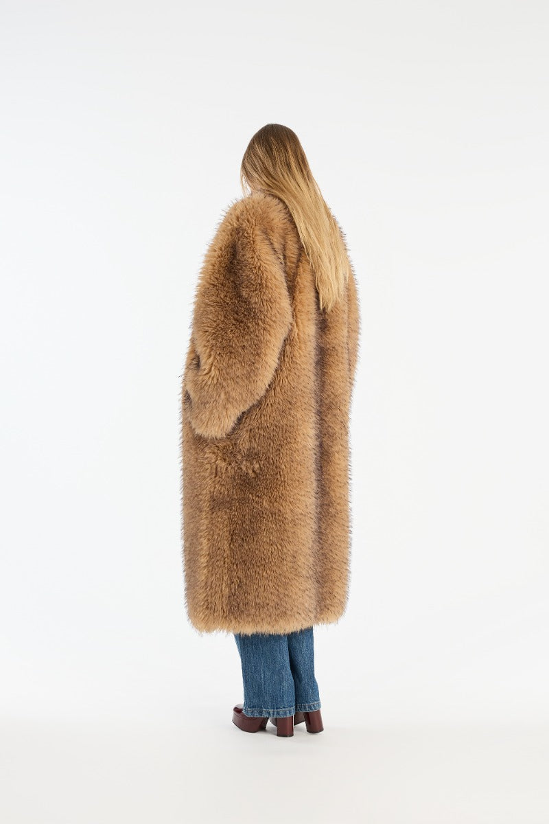 Faux Fur Long Coat Beige