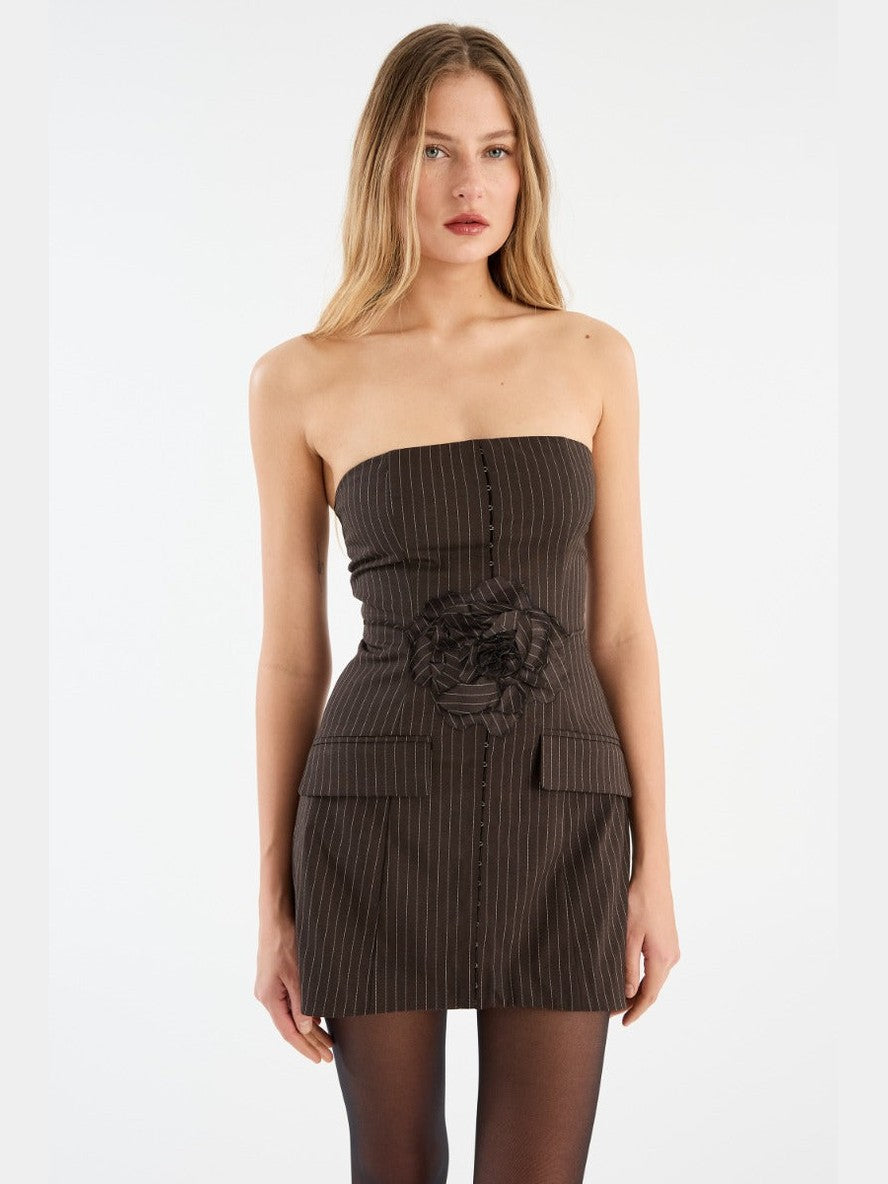 Pinstripe belted long top dark brown