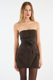 Pinstripe Belted Long Top Dark Brown