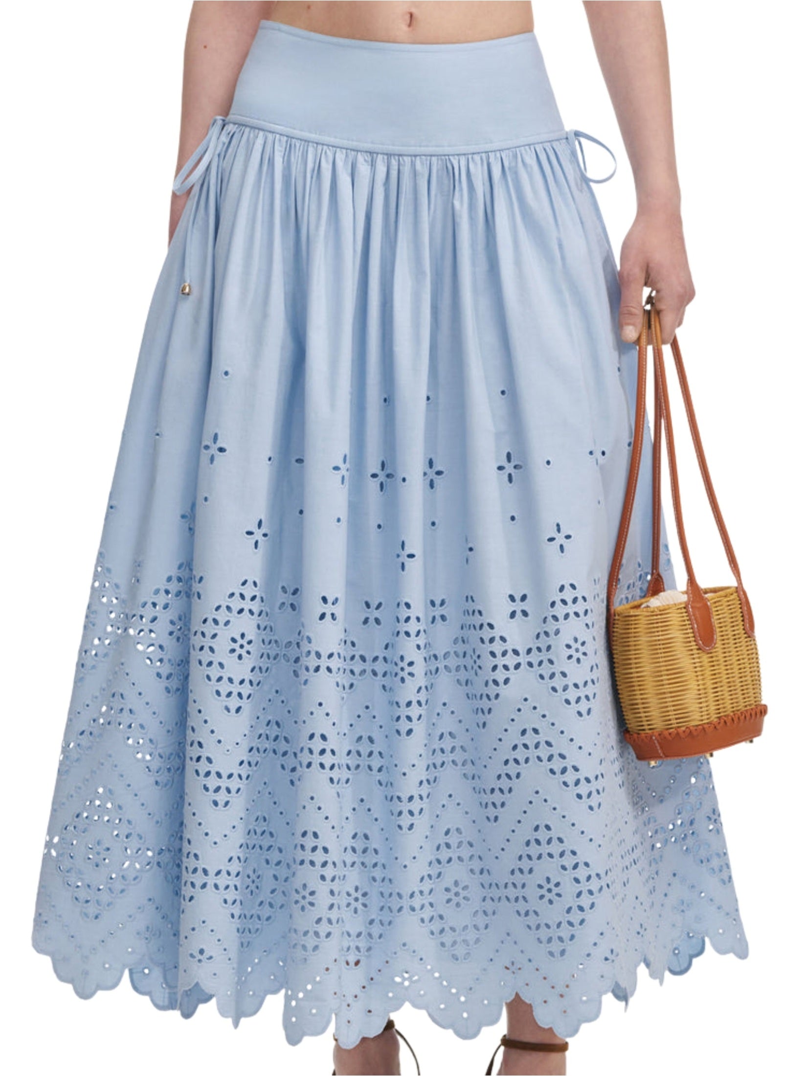 Blue cotton broderie midi skirt