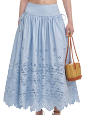 Blue Cotton Broderie Midi Skirt