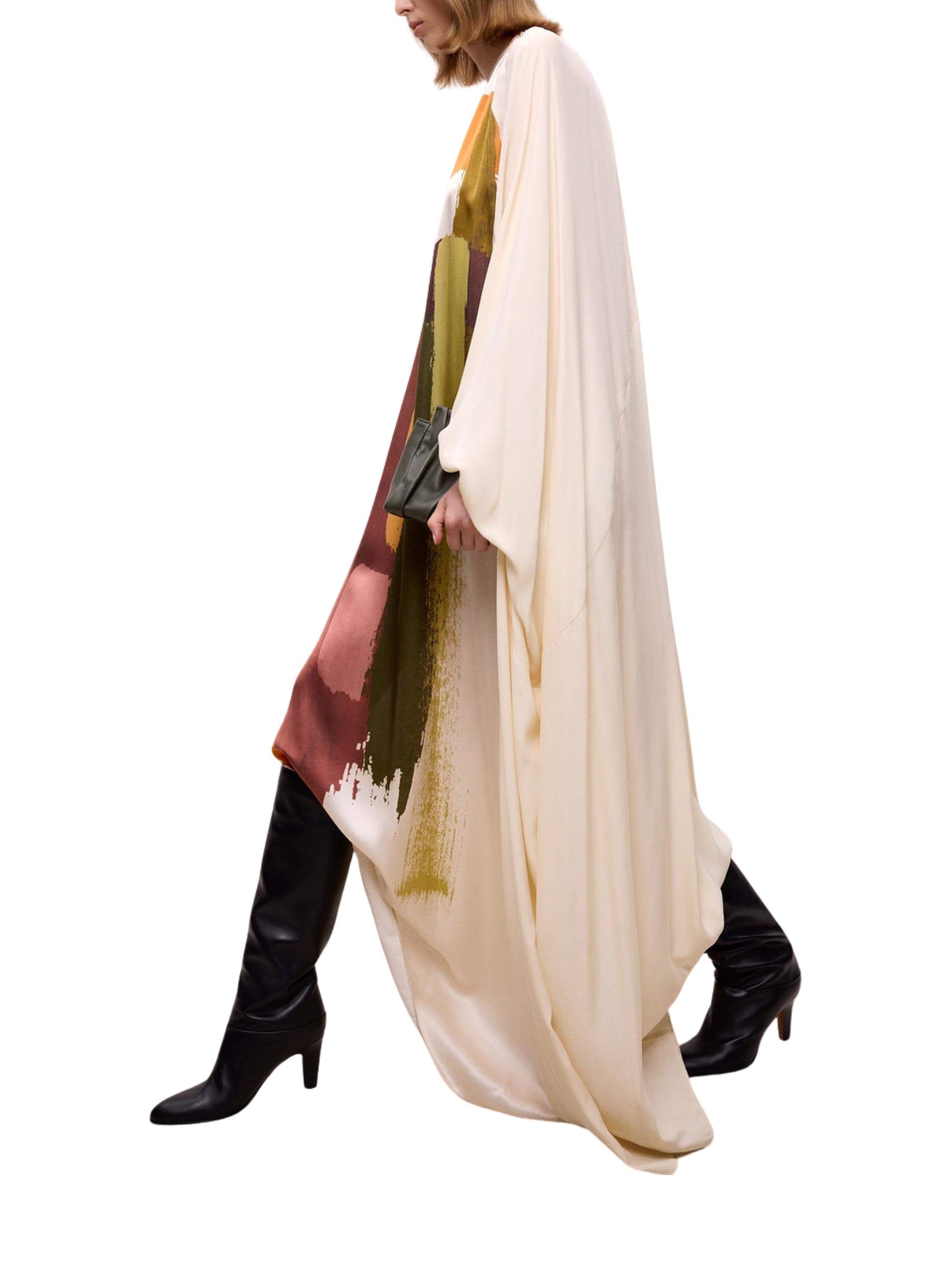 Round neck print detailed silk dress