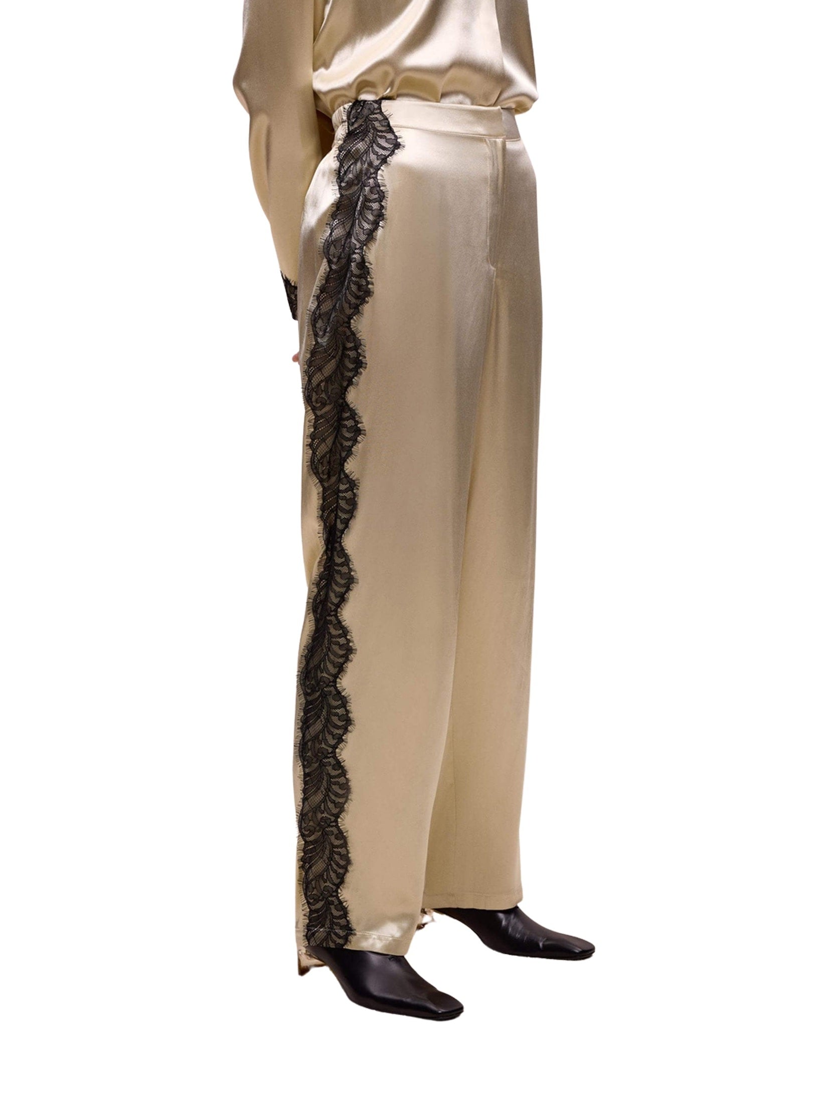 Lace-striped beige trousers