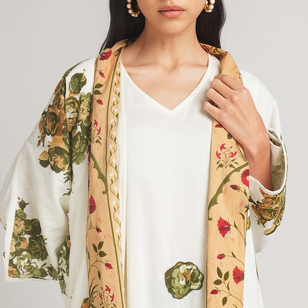 MODAL PRINTED DRESS WITH CAPE AND SCARF