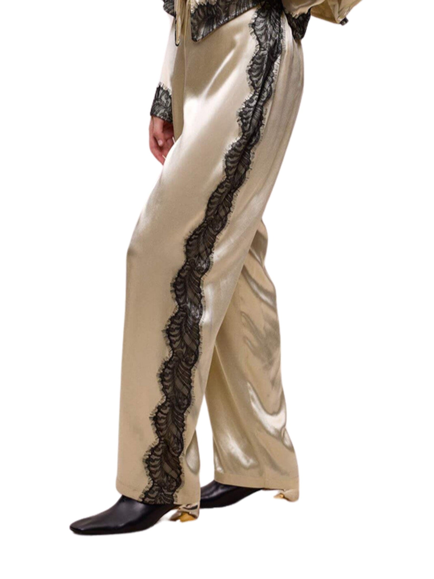Lace-striped beige trousers