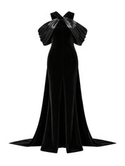 Halter-neck fitted velvet dress featuring a liquid gazar drape