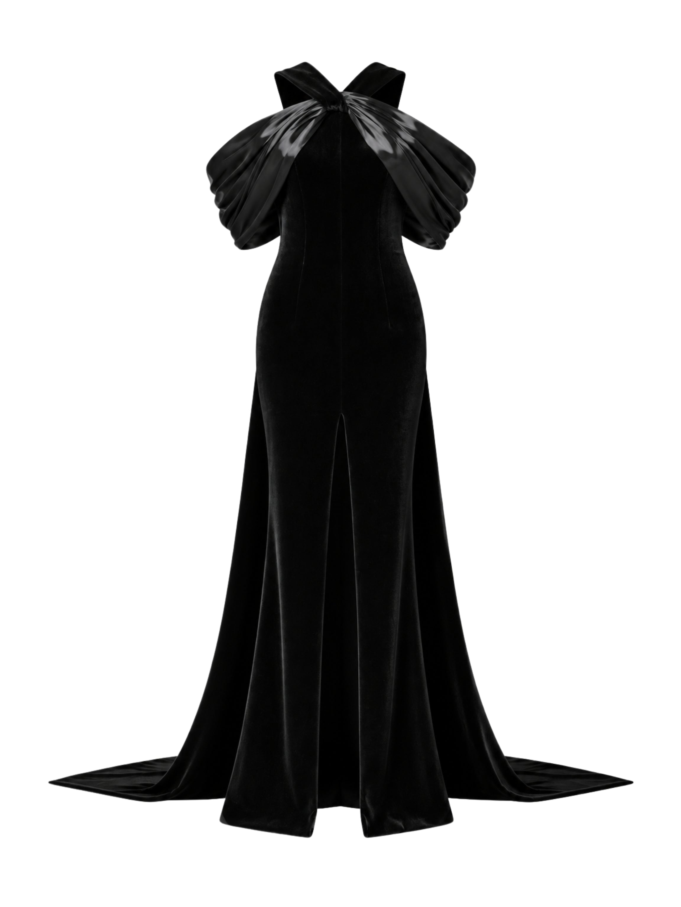 Halter-neck fitted velvet dress featuring a liquid gazar drape