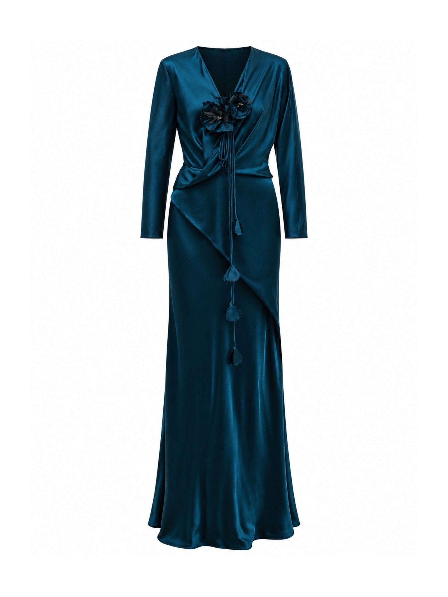 Floral Detailed Draped Satin Dress