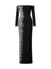 Off-the-shoulder suede gown embroidered with baguette stones