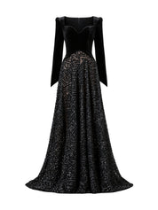 Velvet dress with a structured sweetheart bodice