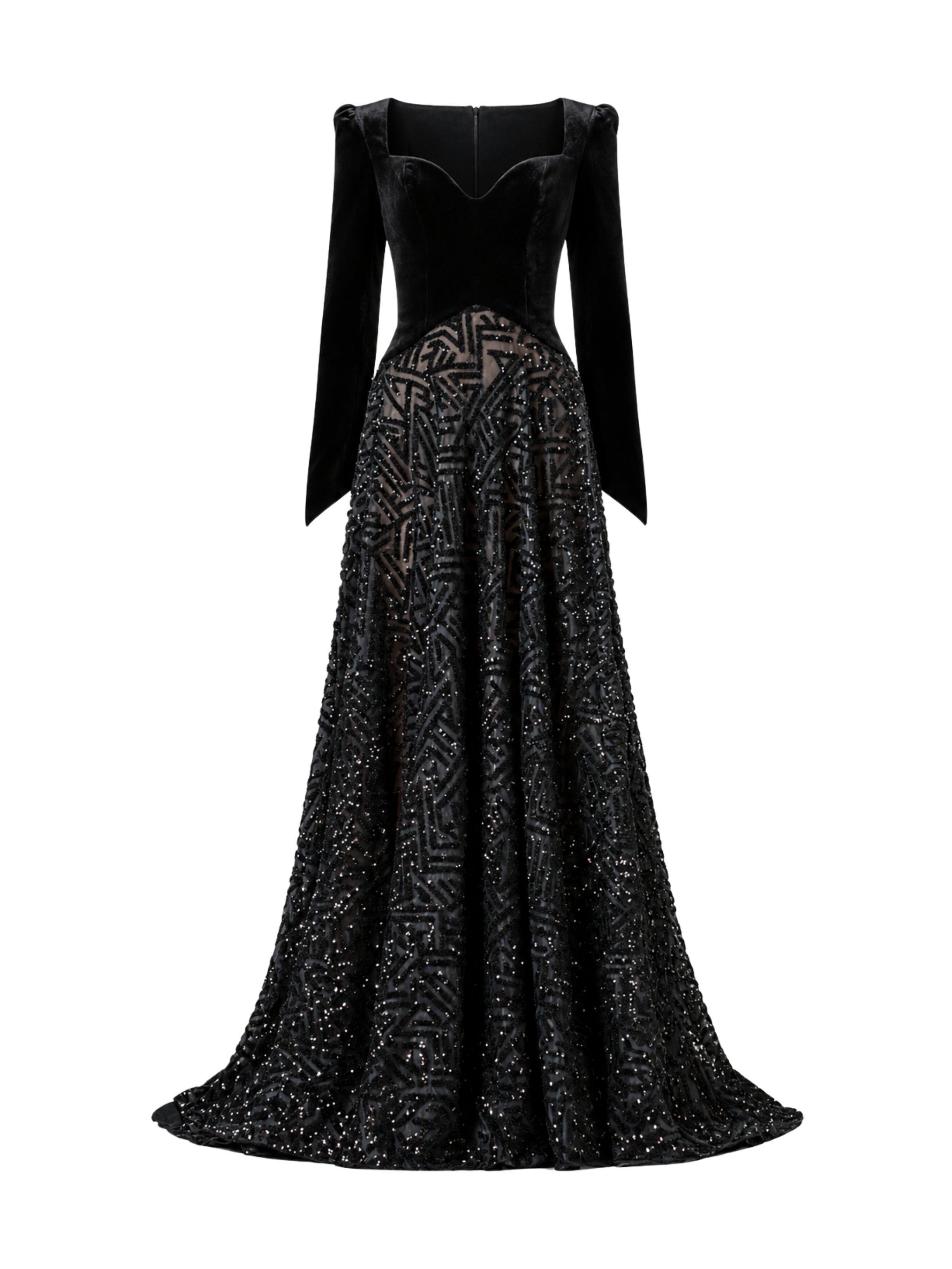 Velvet dress with a structured sweetheart bodice