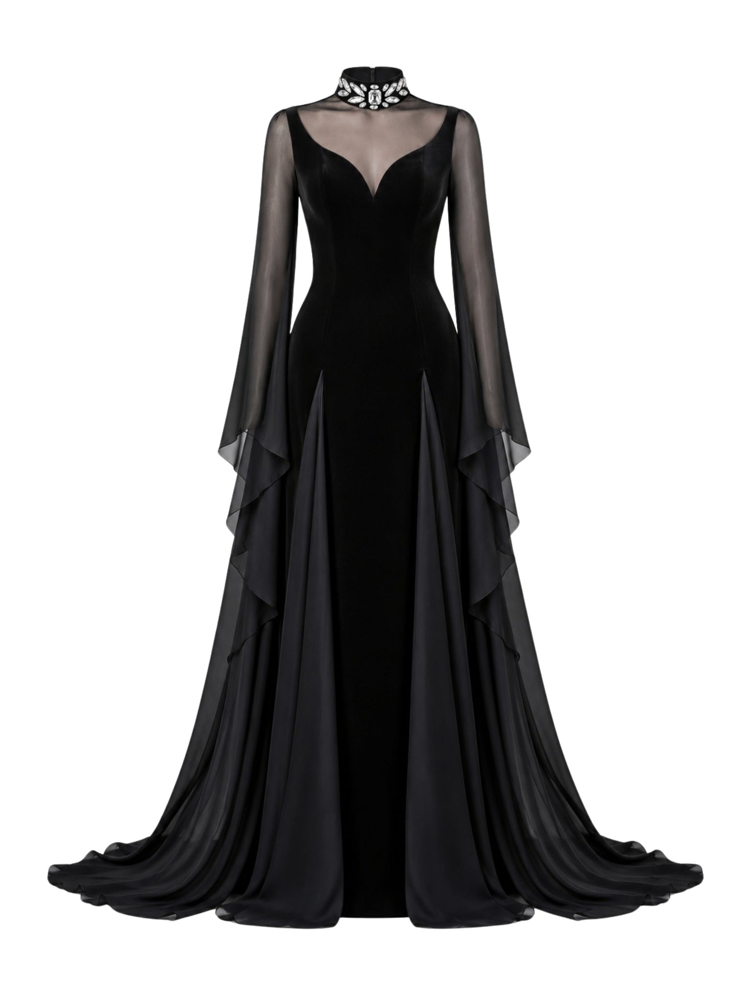 A high-neck gown featuring a crystal-embellished collar and cascading chiffon sleeves with chiffon godets that create a flowing movement.