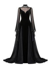 A high-neck gown featuring a crystal-embellished collar and cascading chiffon sleeves with chiffon godets that create a flowing movement.