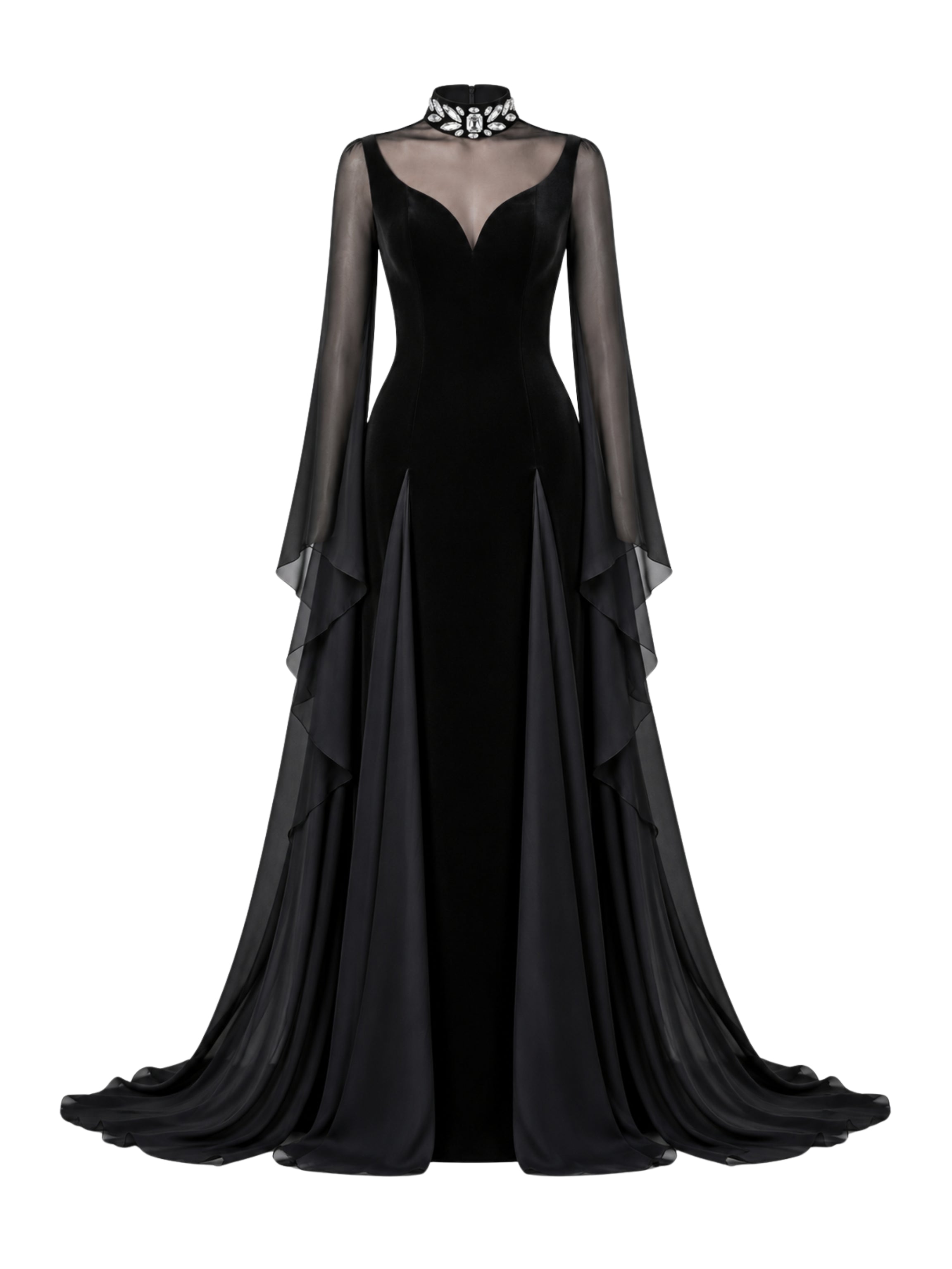 A high-neck gown featuring a crystal-embellished collar and cascading chiffon sleeves with chiffon godets that create a flowing movement.