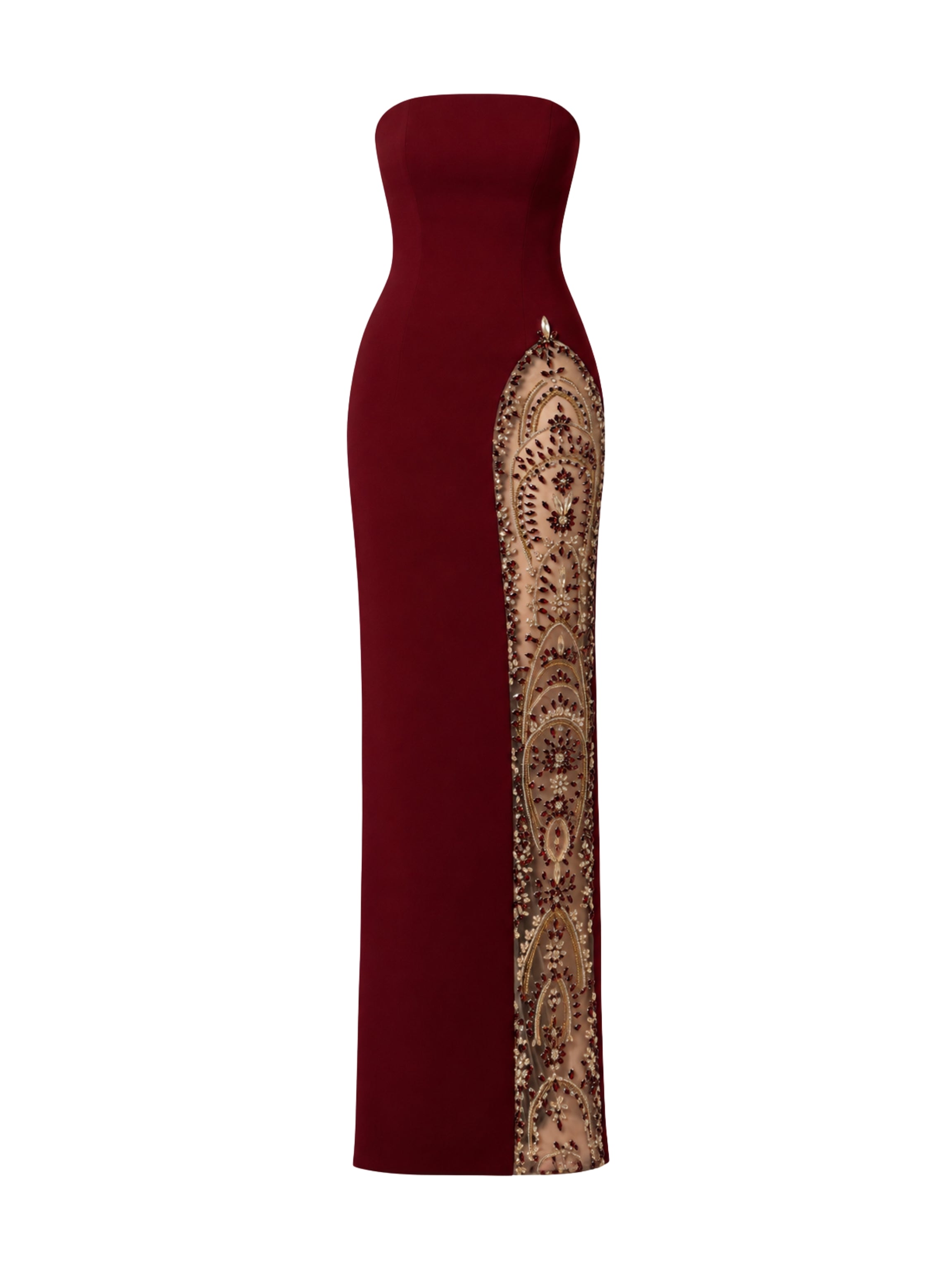 Strapless dress with side slit crystal embroidery