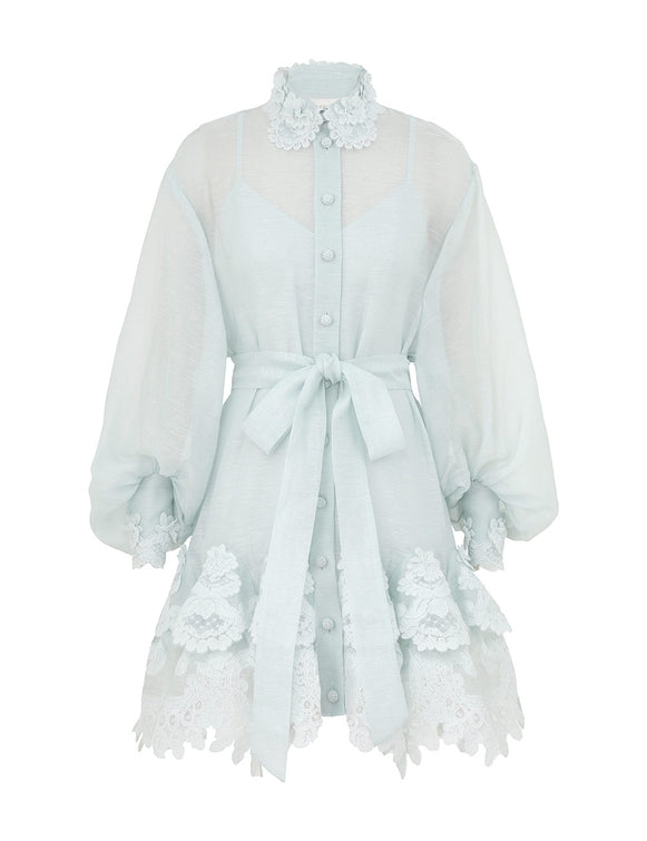 CRUSH TIERED LACE SHIRT DRESS