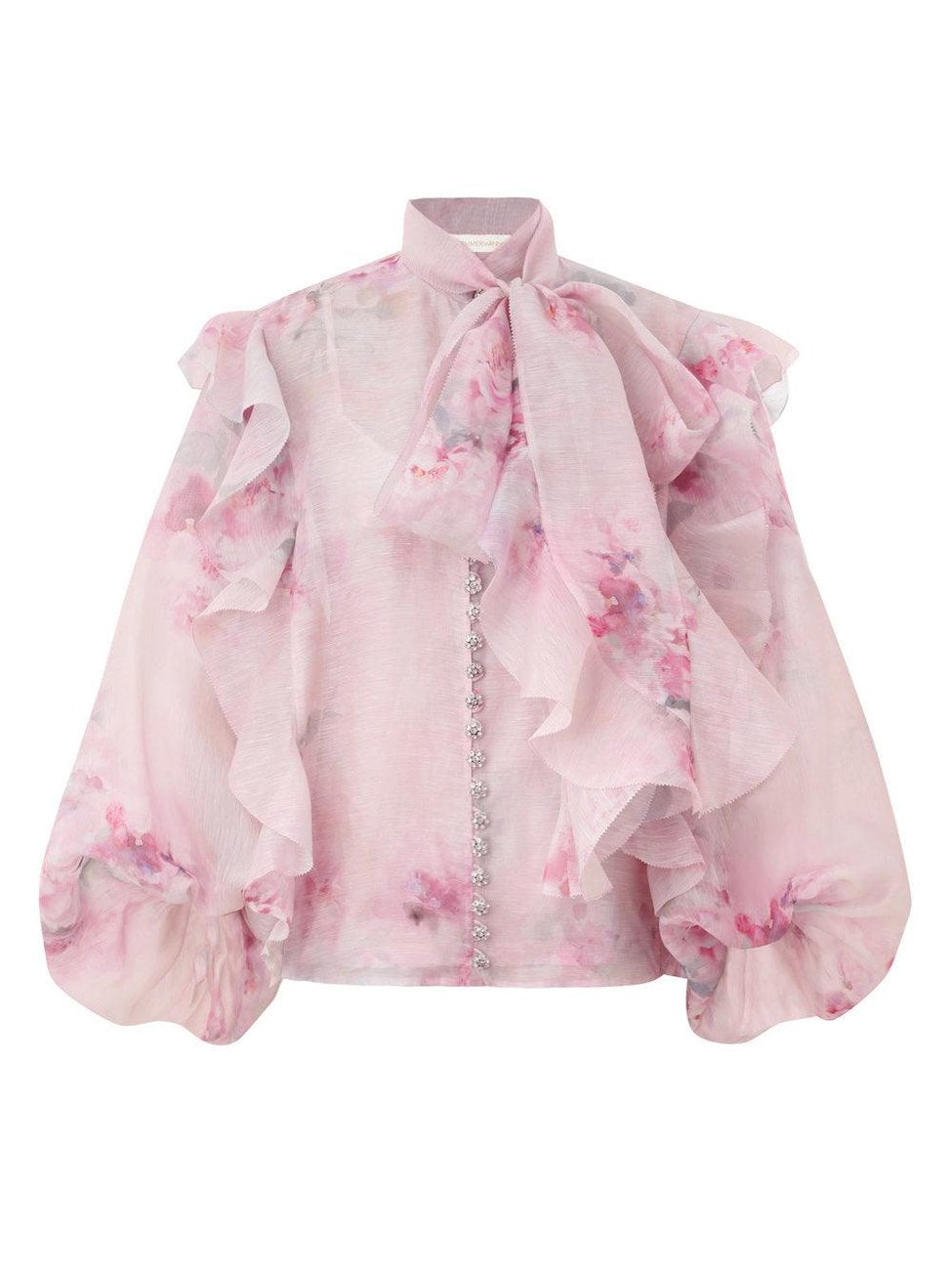 Crush tie neck ruffle blouse