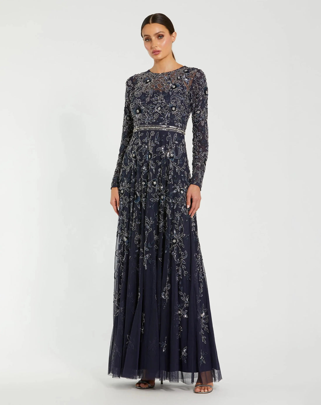 LONG SLEEVE FLORAL EMBELLISHED MESH A LINE GOWN