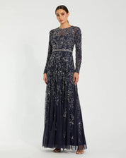 LONG SLEEVE FLORAL EMBELLISHED MESH A LINE GOWN