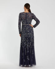 LONG SLEEVE FLORAL EMBELLISHED MESH A LINE GOWN