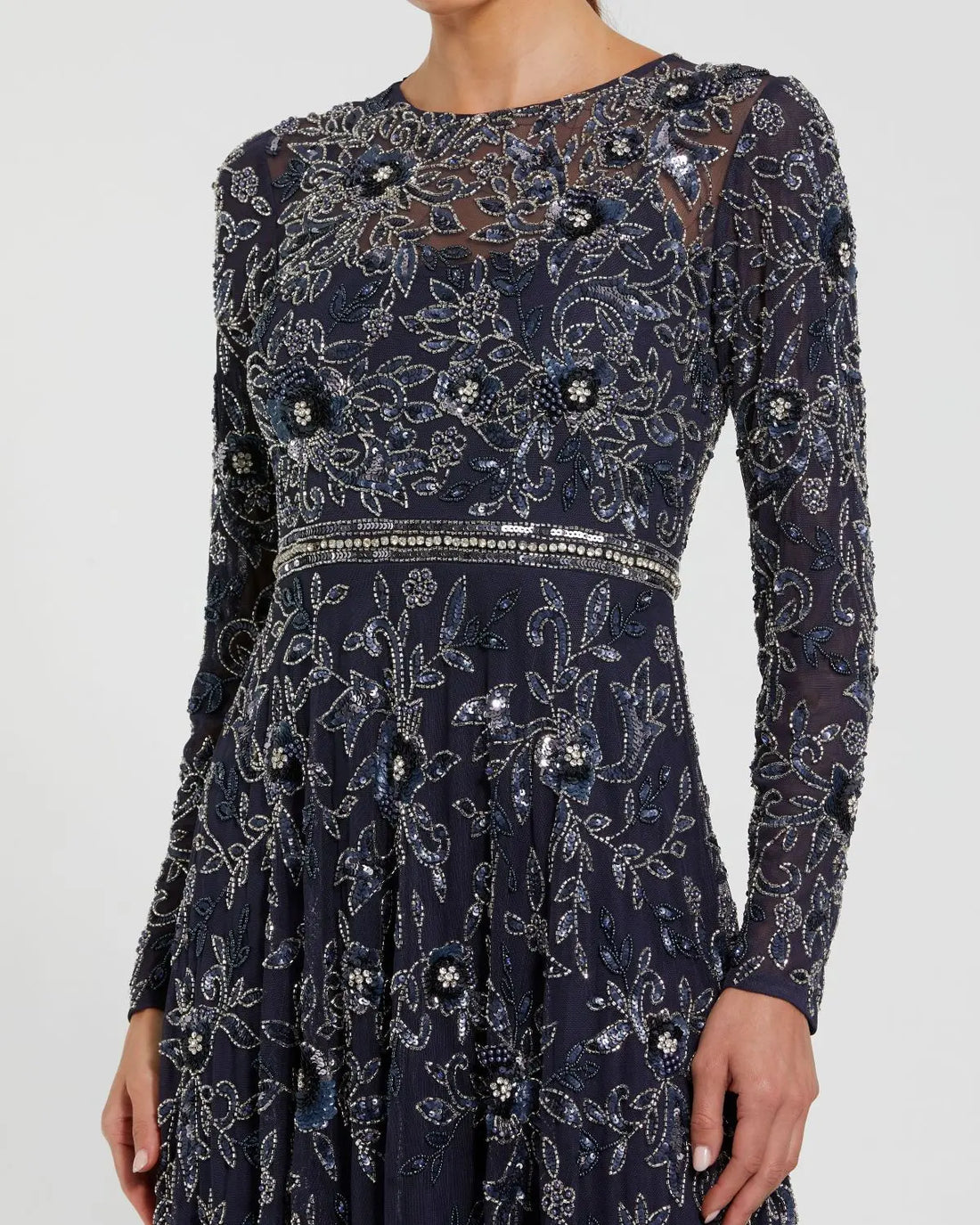 LONG SLEEVE FLORAL EMBELLISHED MESH A LINE GOWN