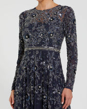 LONG SLEEVE FLORAL EMBELLISHED MESH A LINE GOWN