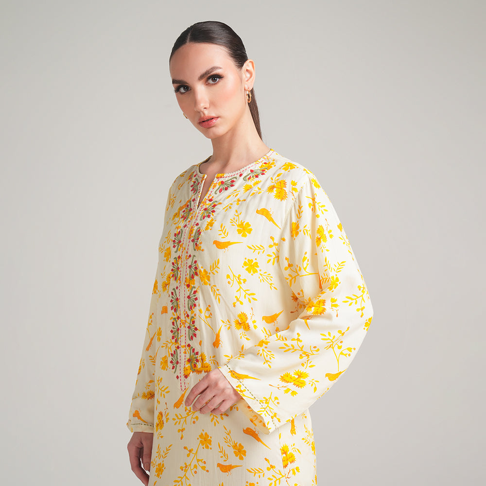 YELLOW PRINTED COTTON DRESS WITH SCARF