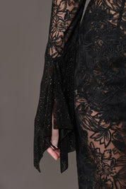 BLACK LACE DRESS ADORNED WITH CAPTIVATING BLACK CRYSTAL CHAINMAIL SLEEVES