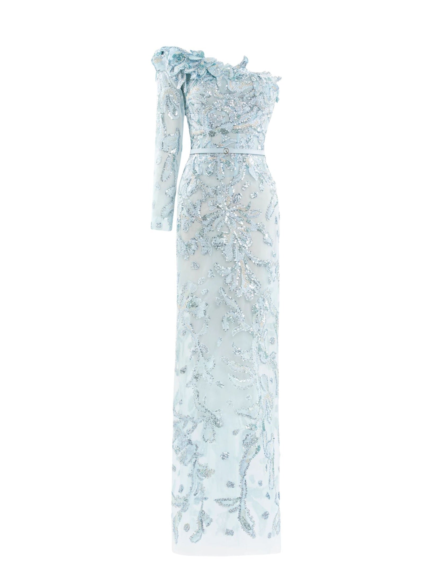 One-shoulder embroidered tulle dress