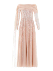 Moonlight sequin draped long sleeve gown
