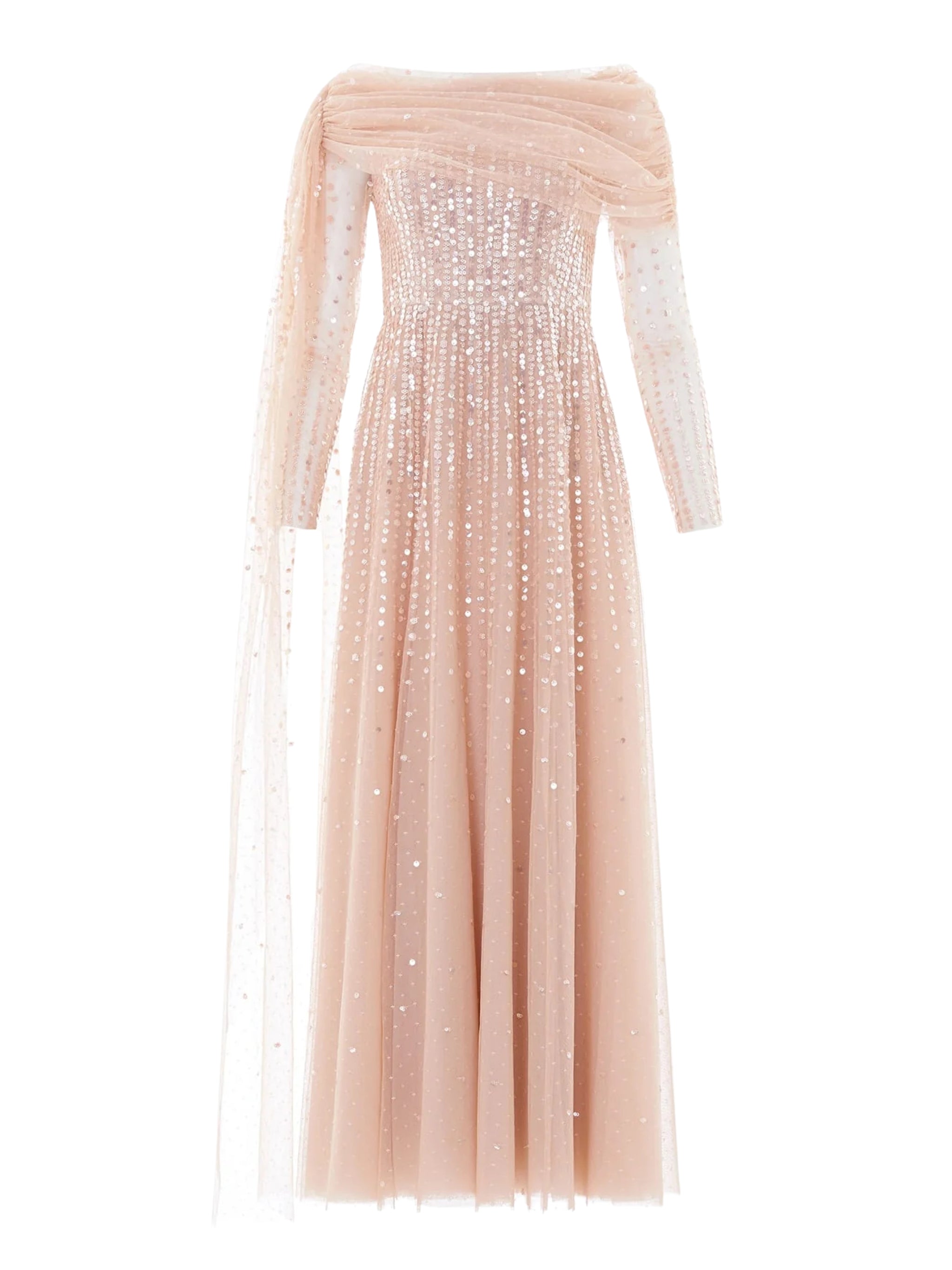 Moonlight sequin draped long sleeve gown