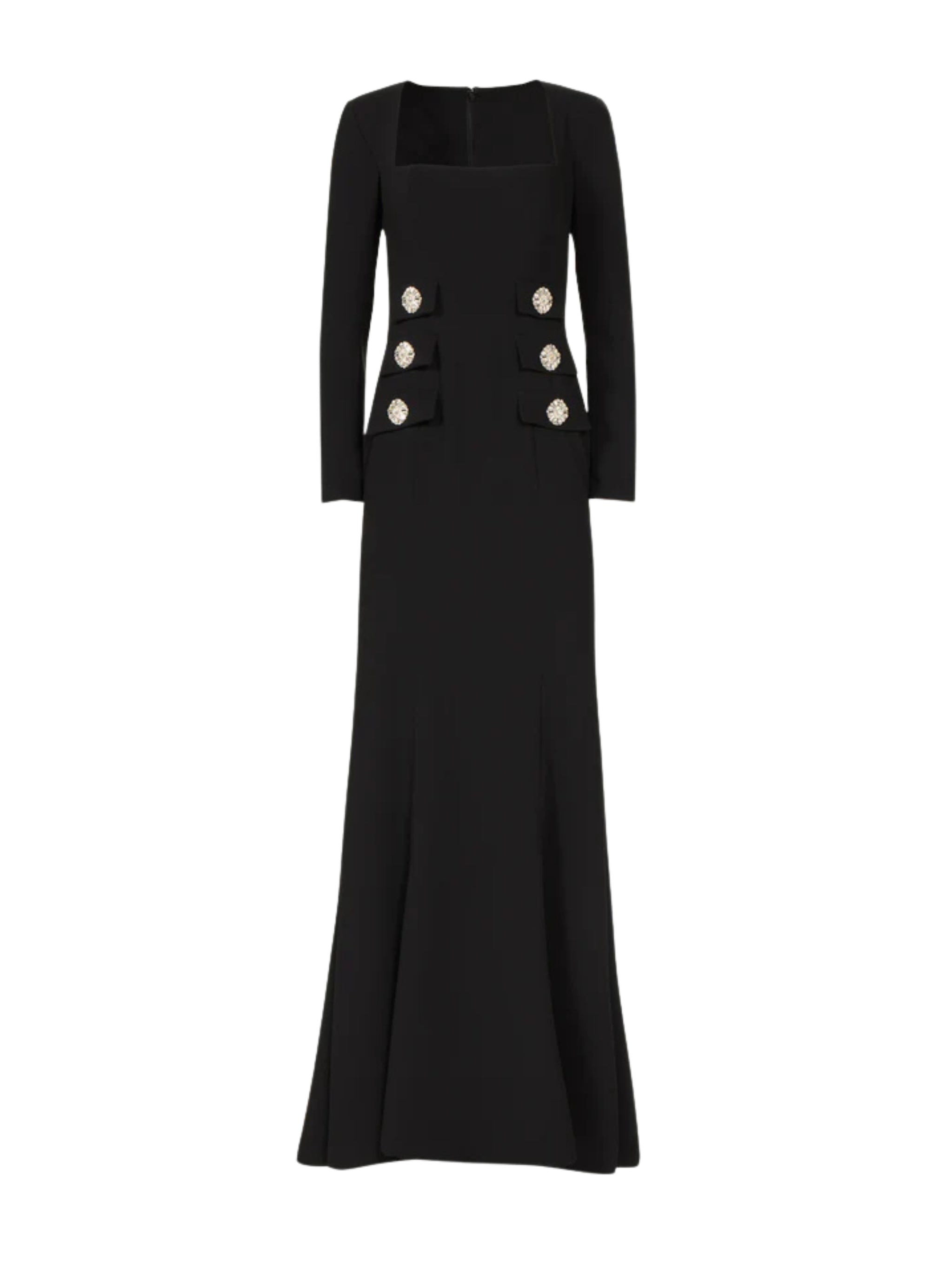 KIENNA CREPE SQUARE-NECK GOWN WITH CRYSTAL BUTTONS