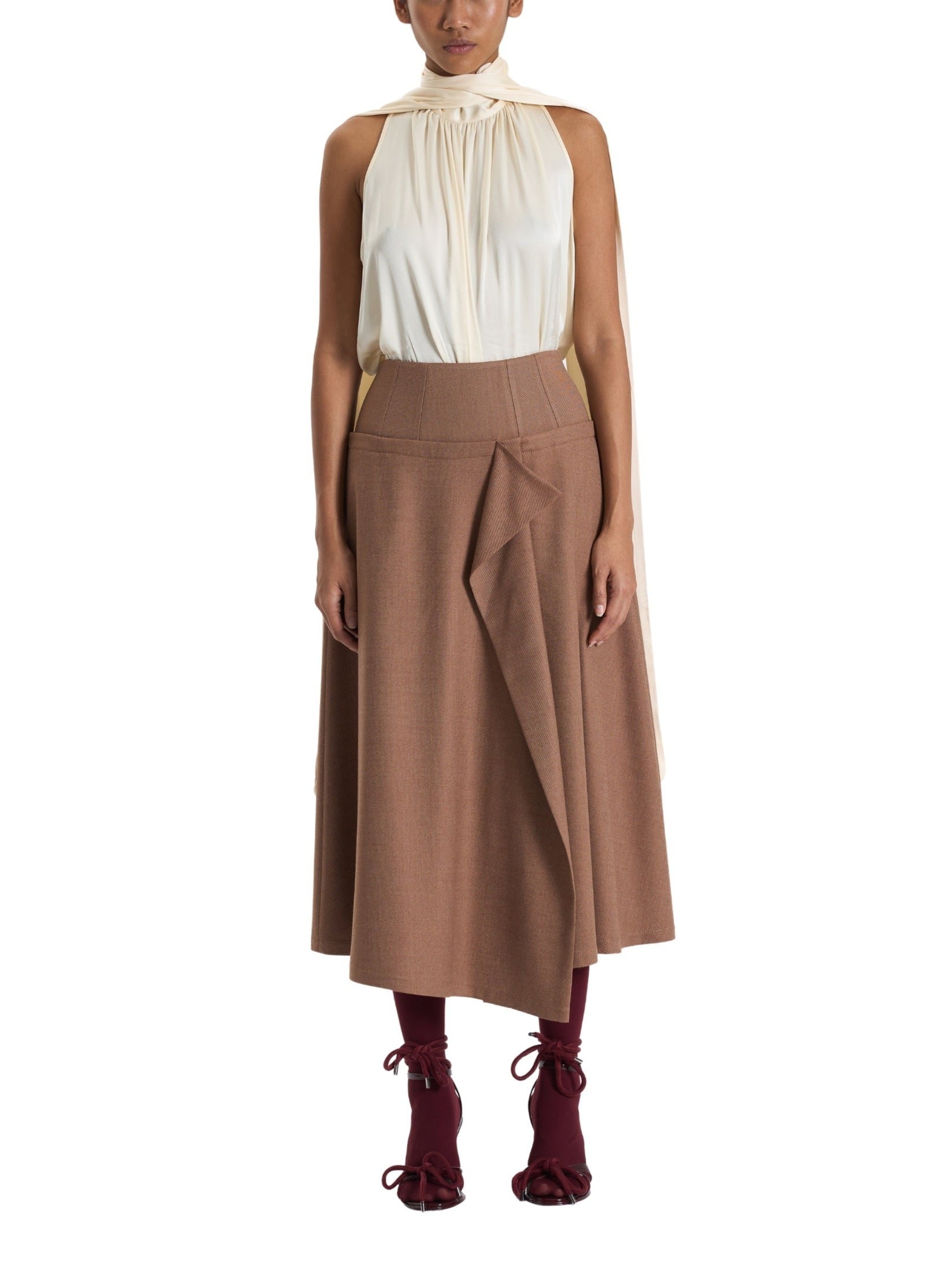 Caramel draped midi skirt