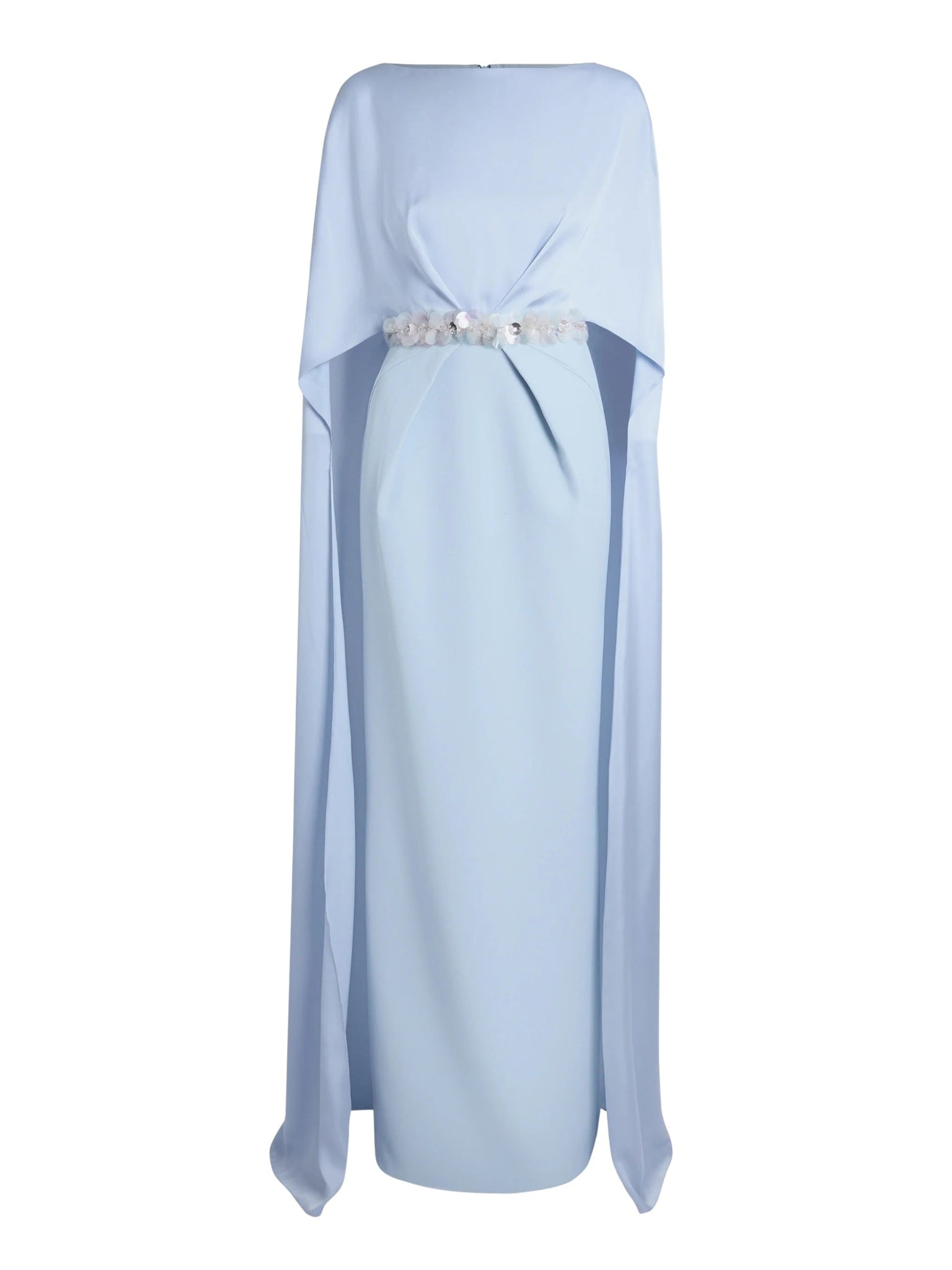 Column gown with deep pleats and elegant cape
