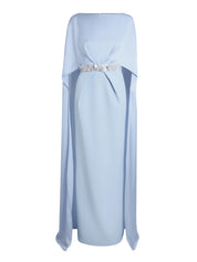 Column gown with deep pleats and elegant cape