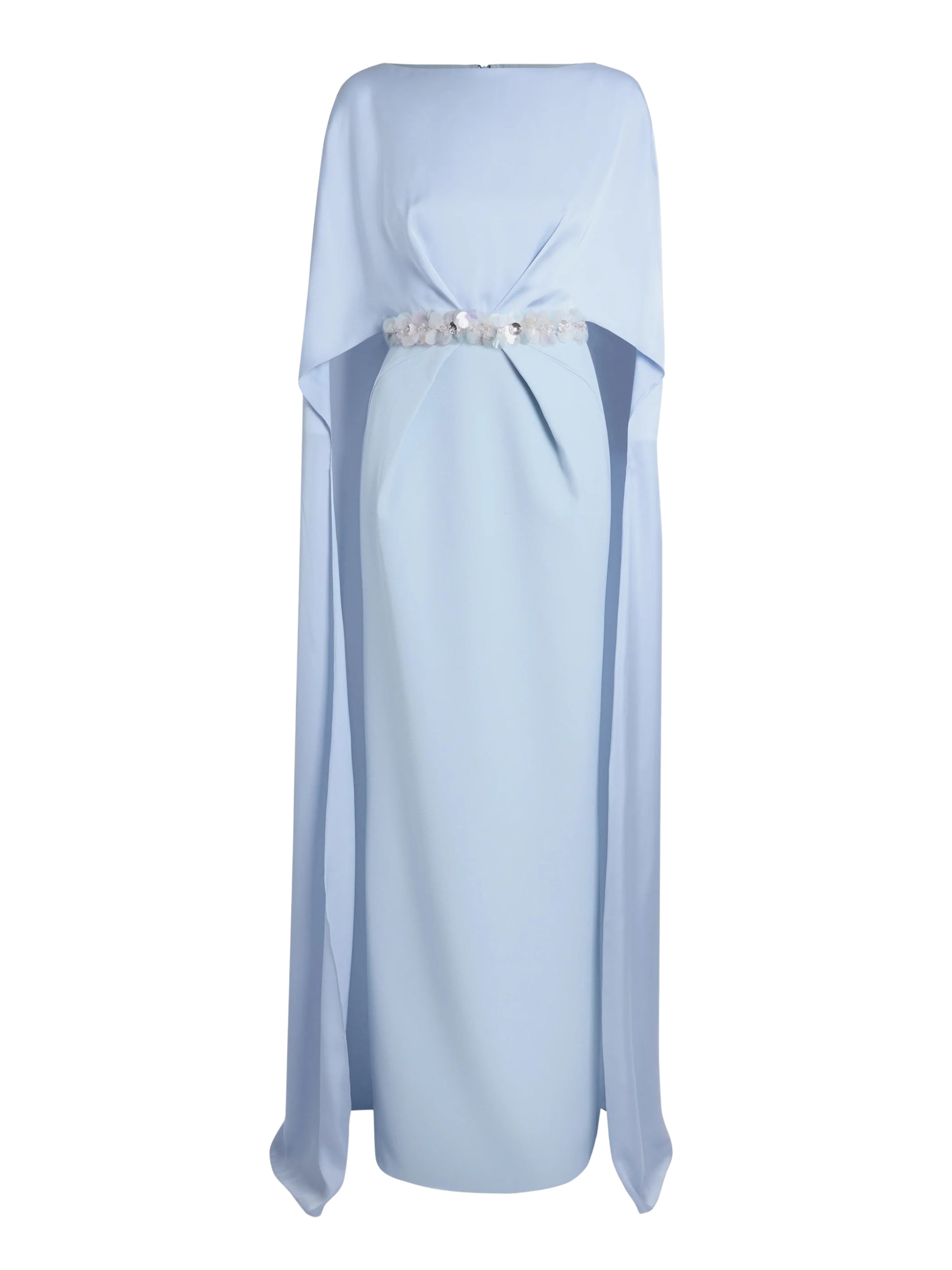 Column gown with deep pleats and elegant cape