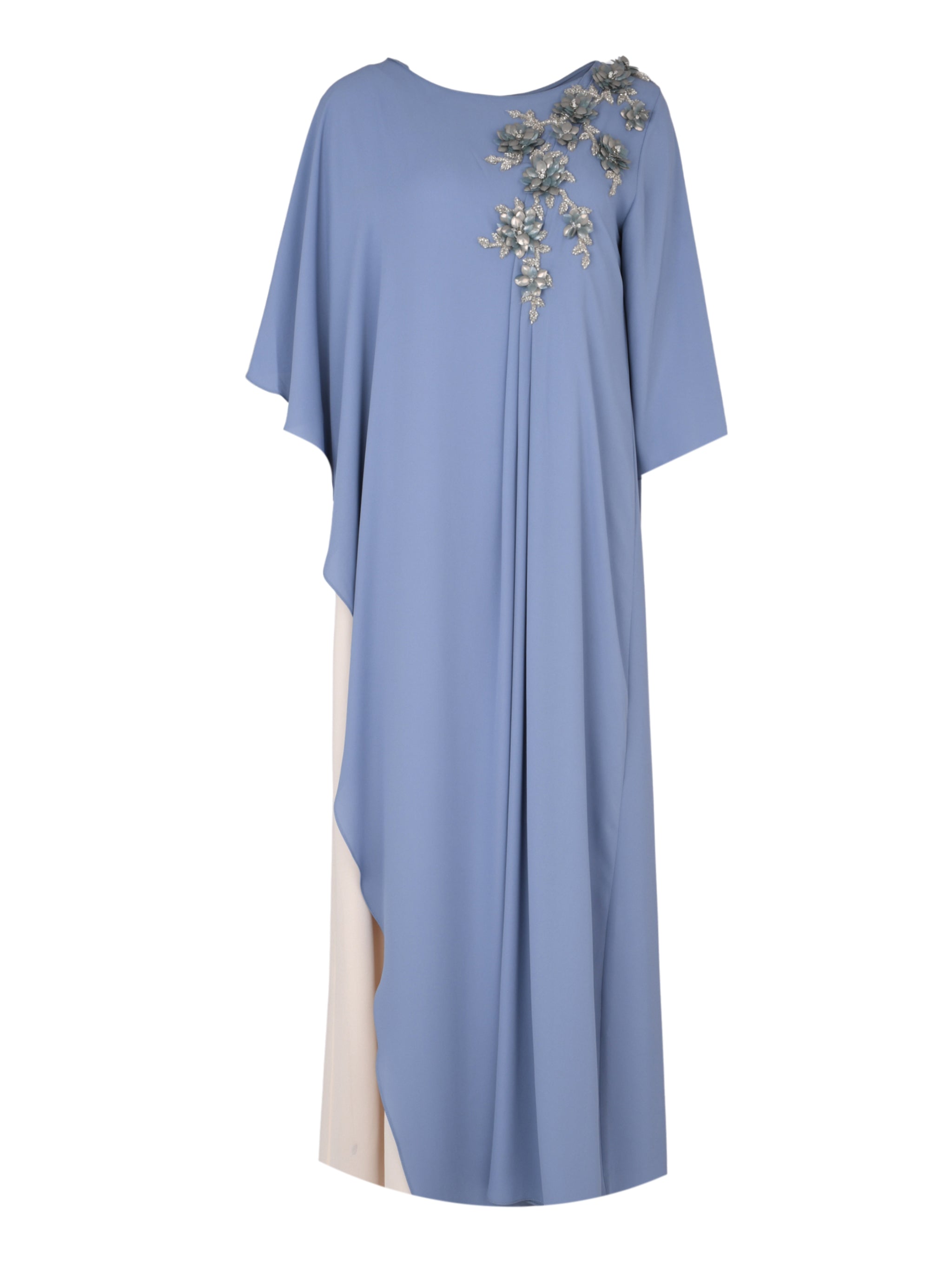 Blue-Beige Hand-Embroidered Pleated Shoulder Modest Dress