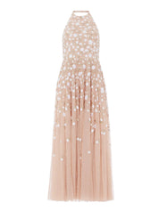 Trailing roses halter-neck ankle gown